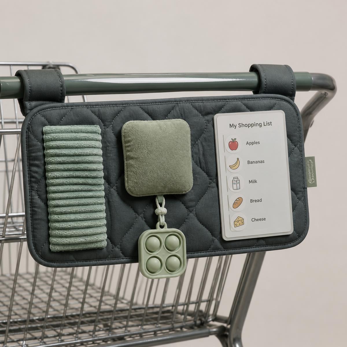 QuietCart sensory attachment fitted onto a standard shopping cart, showing padded backing, tactile strip, squeeze pad, fidget and visual shopping board